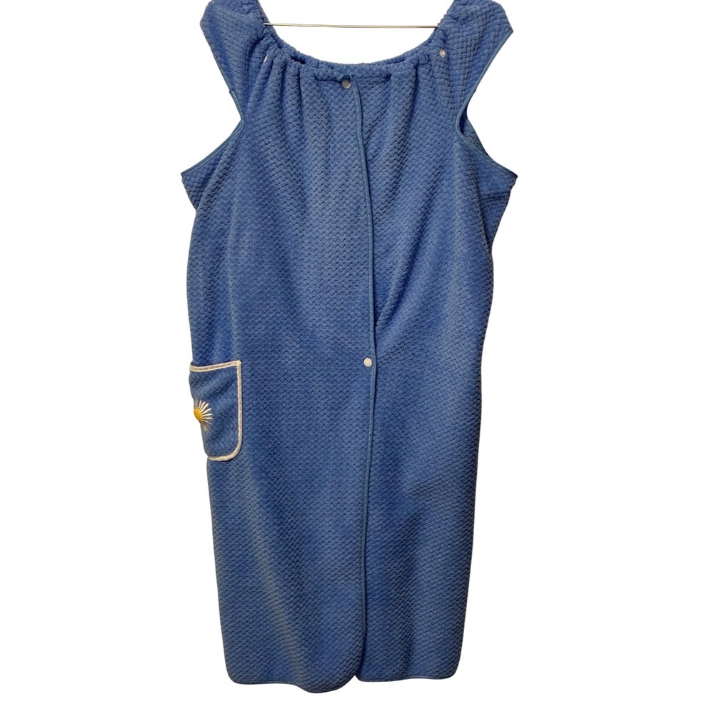 Vintage 1960s Blue Terry Cloth Pool Dress Snap Front Daisy Pocket Cover Up
